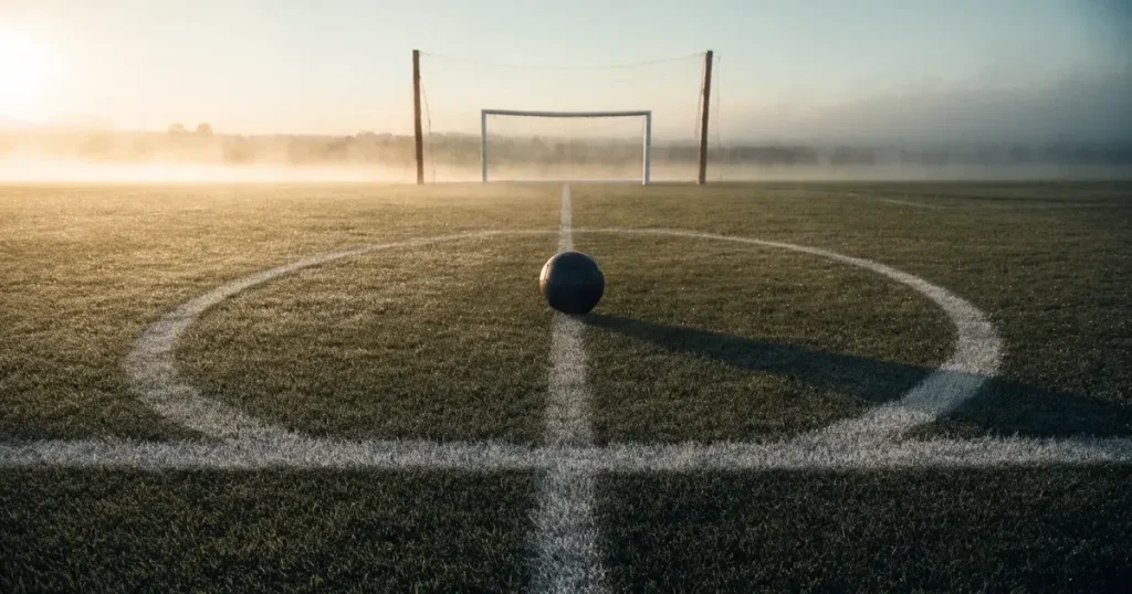 Ein Fussballplatz im Morgennebel, im Mittelkreis liegt ein einzelner Ball und der Rasen glänzt vom Tau.