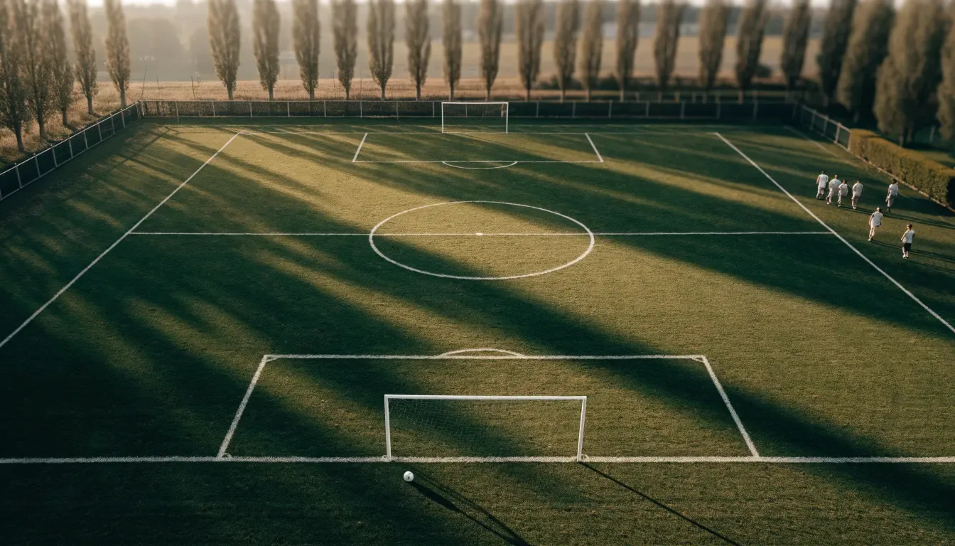 Ein leerer Fussballplatz mit weissen Linien von oben gesehen im Morgenlicht, am Rand stehen zwei Tore und eine Reihe Pappeln.