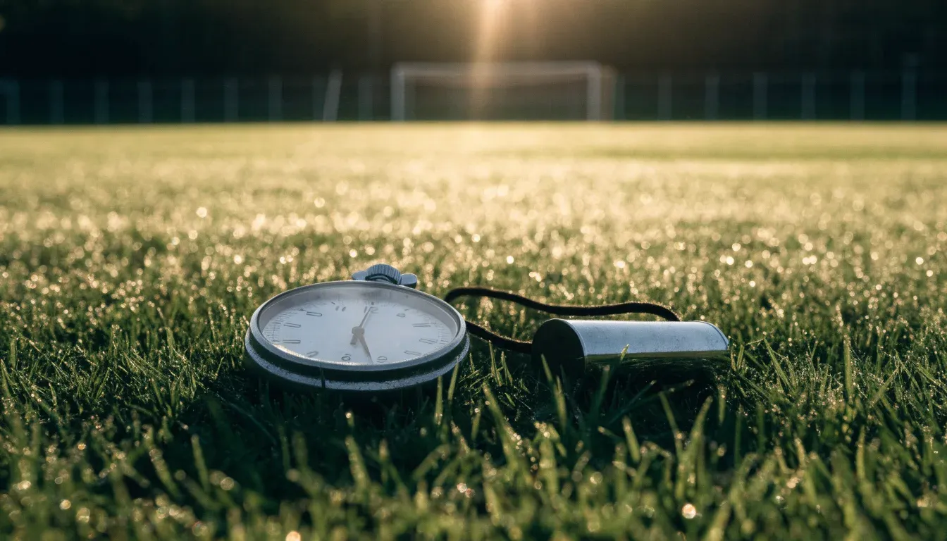 Eine Stoppuhr liegt neben einer Trillerpfeife auf einem Stück Rasen an der Seitenlinie eines Fussballfelds im Gegenlicht.