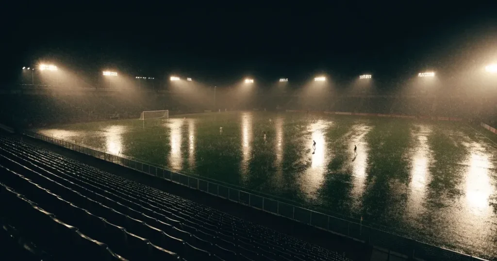 Ein Fussballspiel am Abend aus der Tribünenperspektive, die Spieler sind nur als kleine Figuren zu erkennen und das Flutlicht beleuchtet den nassen Rasen.
