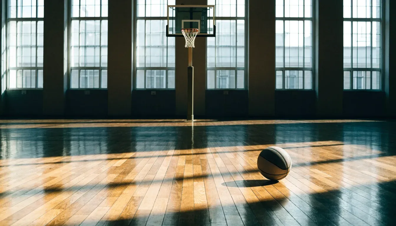 Ein Basketball liegt unter dem Korb in einer leeren Sporthalle, durch hohe Fenster fällt Tageslicht auf das Parkett.