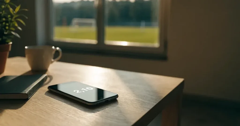 Ein aufgeräumter Schreibtisch mit Pflanze und Tasse in einem Heimbüro, vor dem Fenster liegt ein Fussballplatz im Gegenlicht.
