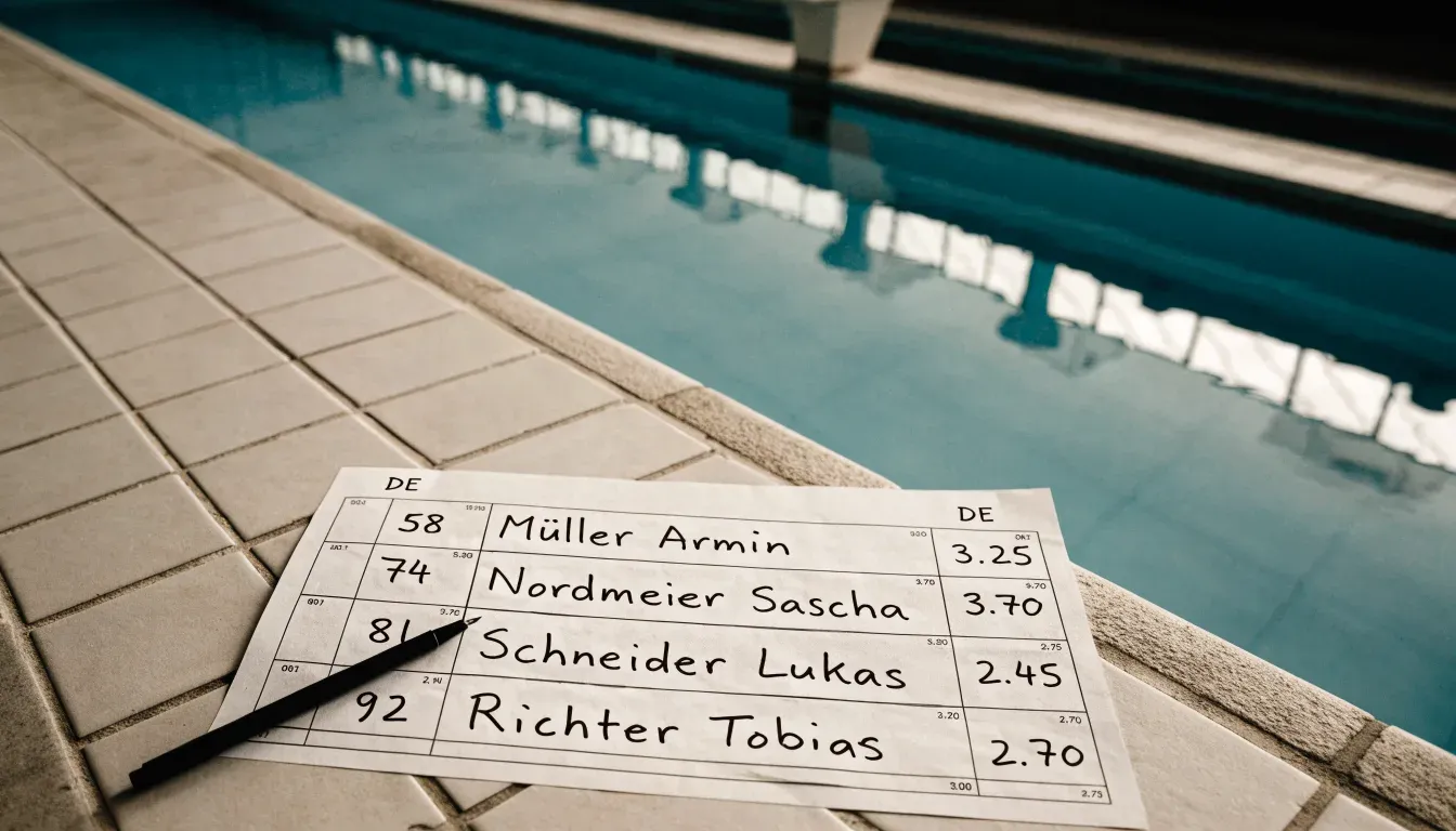 Ein leeres Schwimmbecken mit Startblöcken am Morgen, die Wasseroberfläche ist ruhig und spiegelt die Deckenlampen.