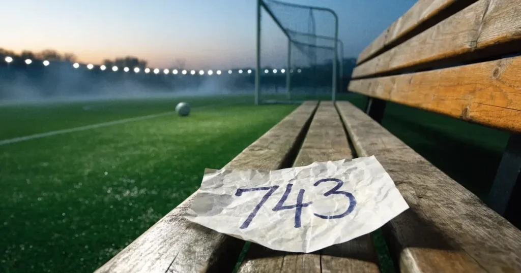 Ein Fernglas liegt auf einer leeren Holzbank an der Seitenlinie eines Fussballfelds, vom Rasen steigt Nebel auf.