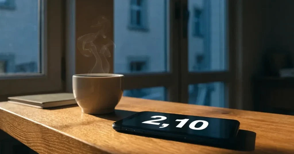Ein Smartphone mit dunklem Display liegt auf einem Holztisch neben einer Kaffeetasse, durch das Fenster fällt warmes Abendlicht.