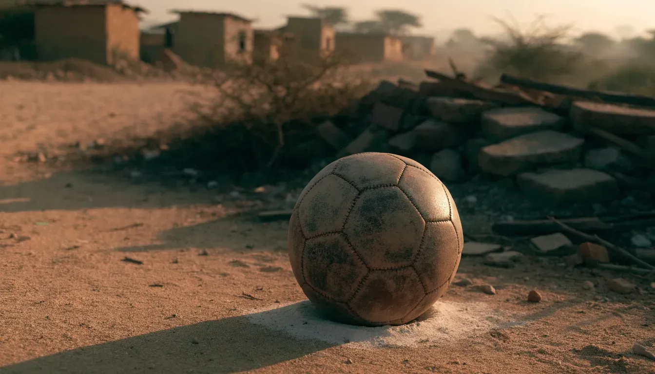 Ein Fussball liegt auf rotbraunem Sand am Rand eines Dorfes, die Abendsonne wirft lange Schatten.