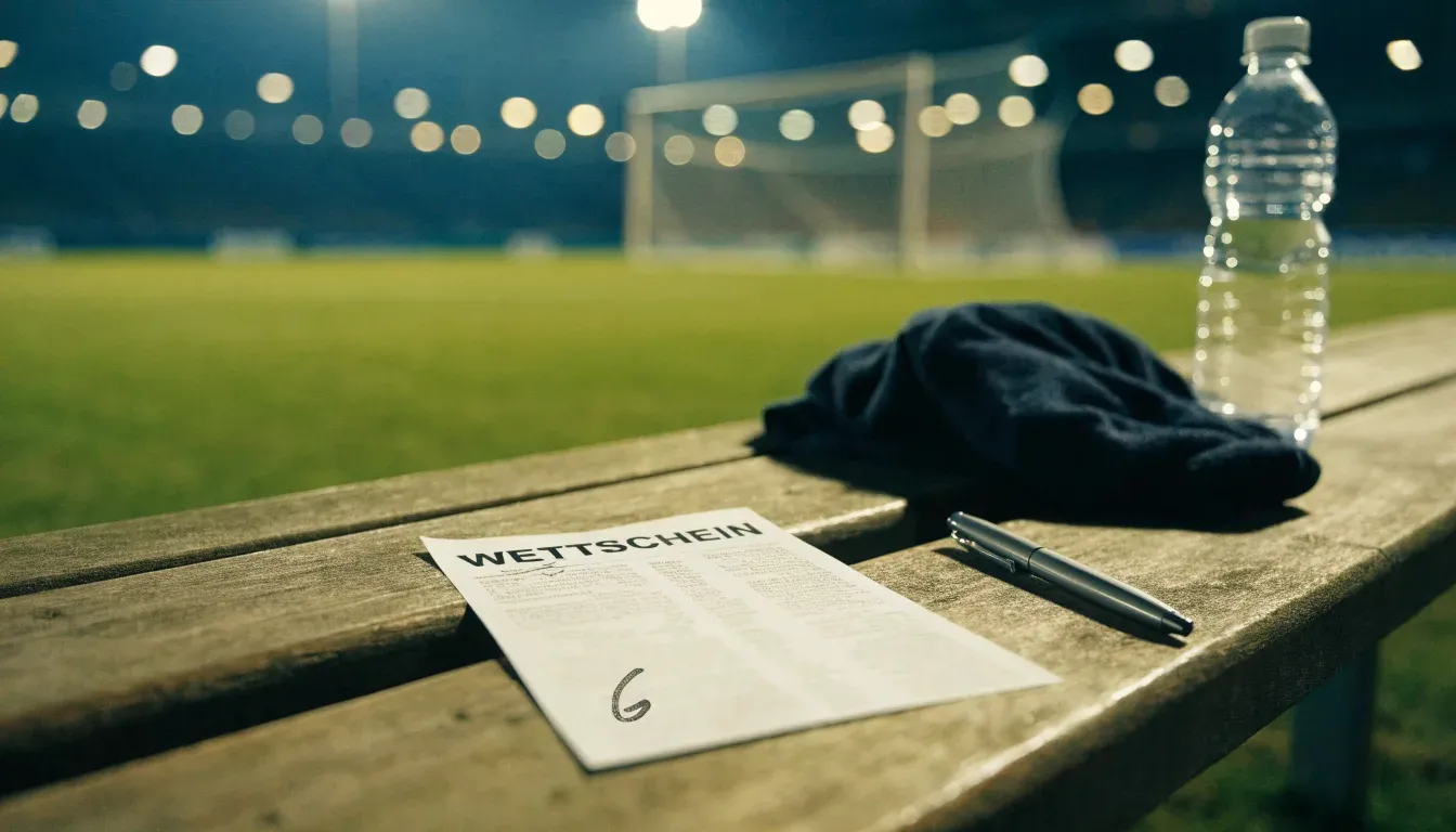Eine Trinkflasche und ein Handtuch liegen auf einer Holzbank am leeren Spielfeldrand unter dem Licht der Flutlichter.