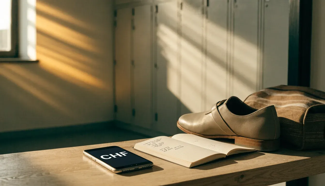 Ein Paar Hallenschuhe steht ordentlich neben einer Sporttasche auf einer Bank in einer leeren Garderobe, ein Fenster lässt Morgenlicht herein.