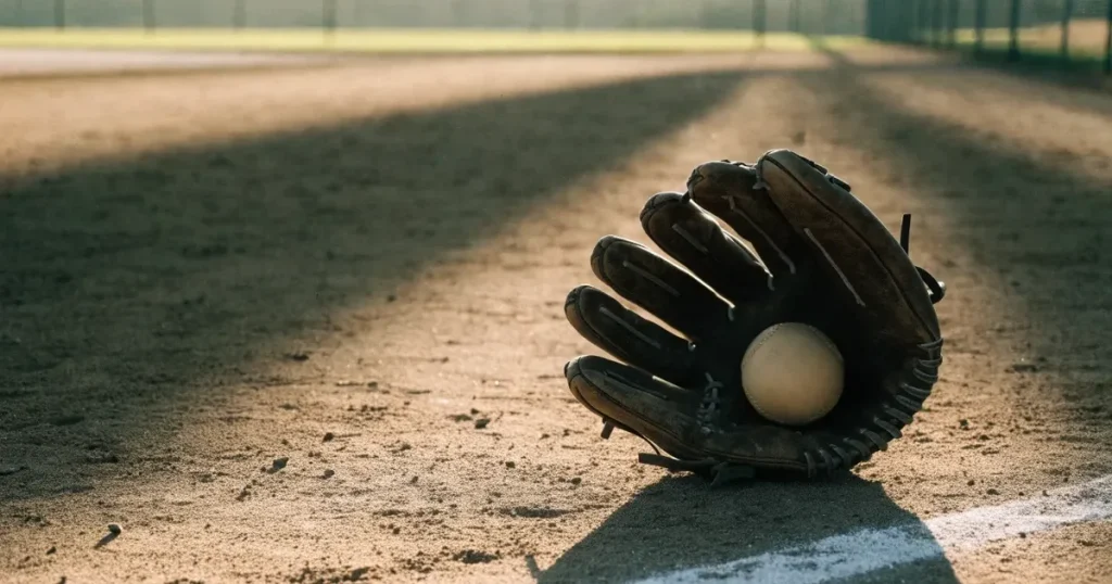 Ein Lederhandschuh und ein Ball liegen auf dem Sandboden eines leeren Spielfelds, die tiefstehende Sonne wirft lange Schatten.