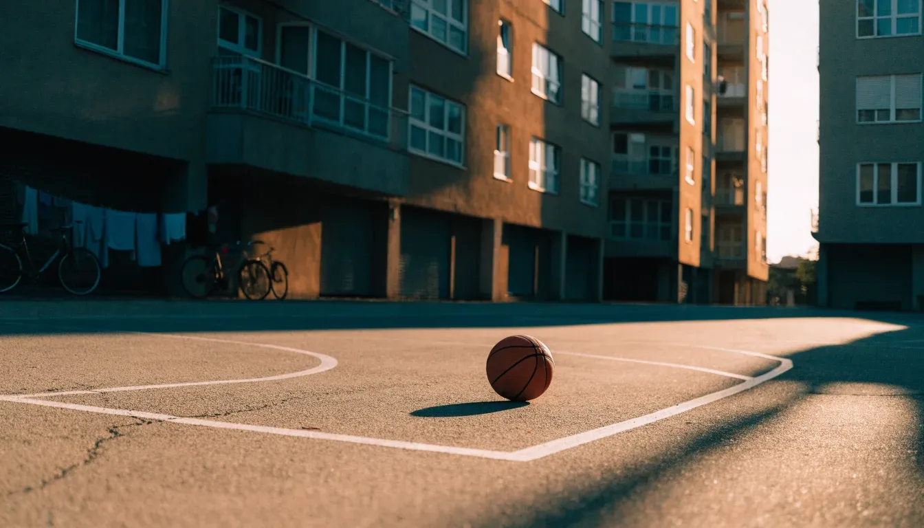 Ein Basketball liegt auf einem Asphaltplatz in einem Hinterhof zwischen Wohnblöcken, das Abendlicht färbt die Wände warm.