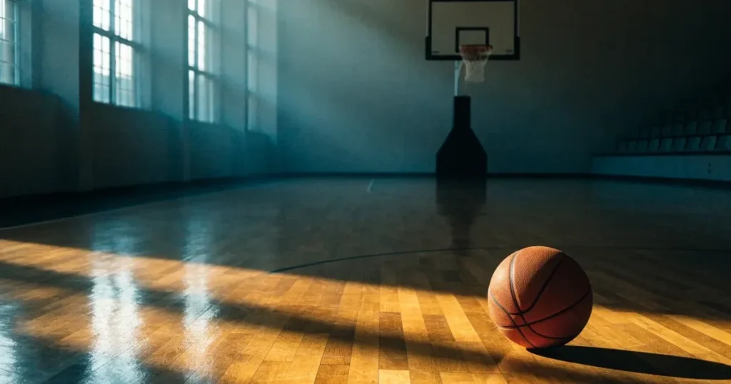 Ein Basketballkorb mit Netz in einer leeren Halle, Licht fällt von hohen Fenstern auf den glänzenden Parkettboden.