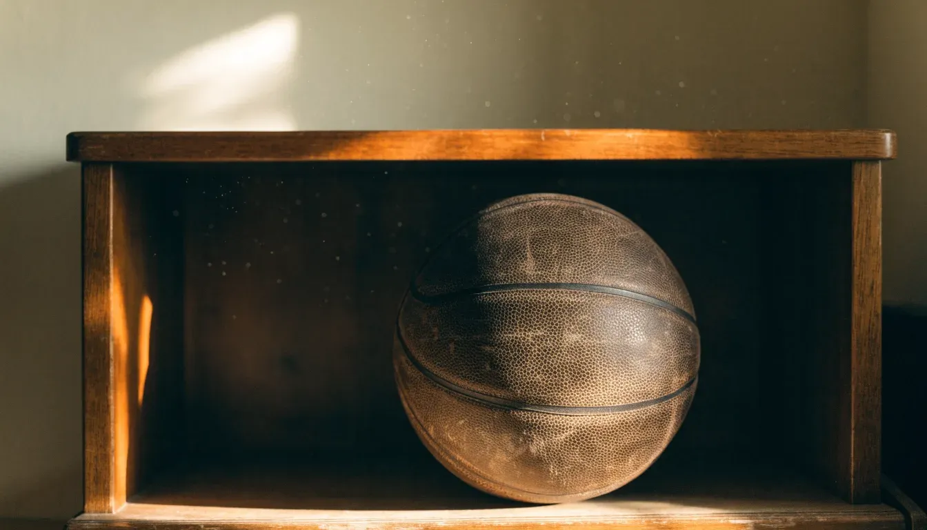 Ein abgenutzter Lederball liegt auf einem Holzregal in einem Vereinsraum, ein Sonnenstrahl macht den Staub sichtbar.