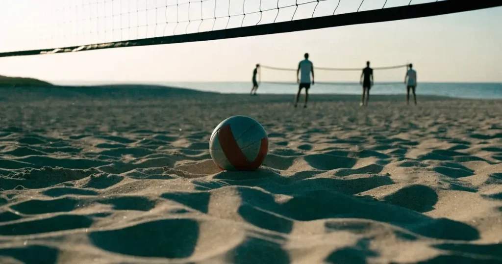 Ein Volleyball liegt auf feinem hellem Sand, ein gespanntes Netz verschwimmt dahinter, das Licht kommt von einem weiten Meer.