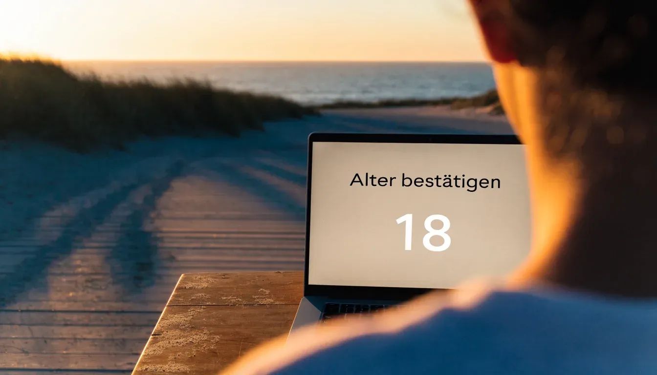 Spuren im Sand führen durch Dünengras auf den Horizont zu, die Sonne steht tief und färbt den Himmel orange.