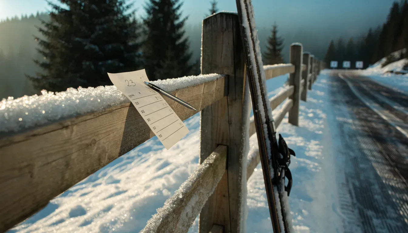 Ein Paar Langlaufskier steckt aufrecht im Schnee neben einem Holzzaun, die Sonne glitzert auf Eiskristallen.