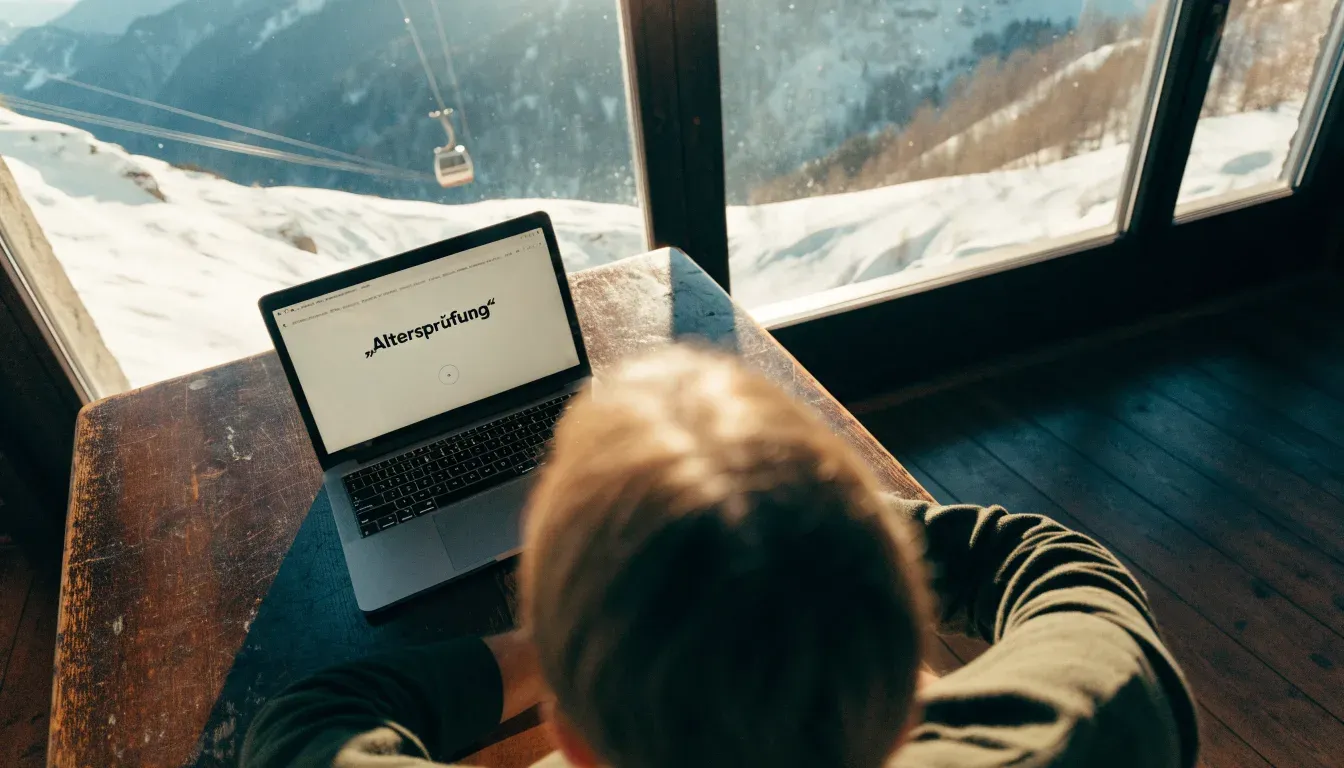 Eine Seilbahnkabine schwebt über einem verschneiten Tal, die Sonne bricht durch die Wolken und beleuchtet die Hänge.