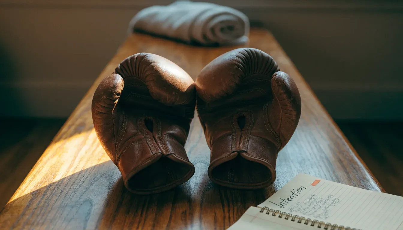 Ein Paar Boxhandschuhe aus Leder liegt auf einer Holzbank neben einem Notizbuch mit handgeschriebenen Zeilen, warmes Fensterlicht
