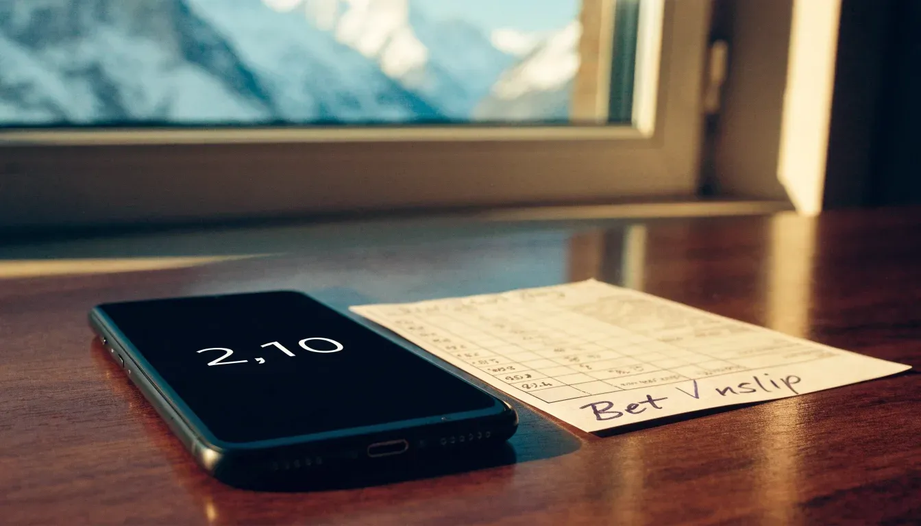 Ein Smartphone mit dunklem Bildschirm liegt auf einem Holztisch vor einem Fenster mit Blick auf schneebedeckte Gipfel