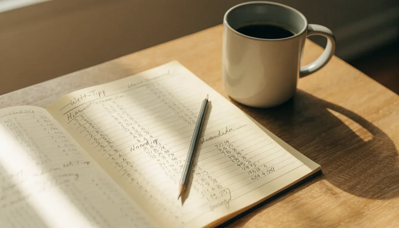 Ein aufgeschlagenes Notizbuch mit handgeschriebenen Spalten und ein Bleistift neben einer Tasse Kaffee auf einem Holztisch am Morgen