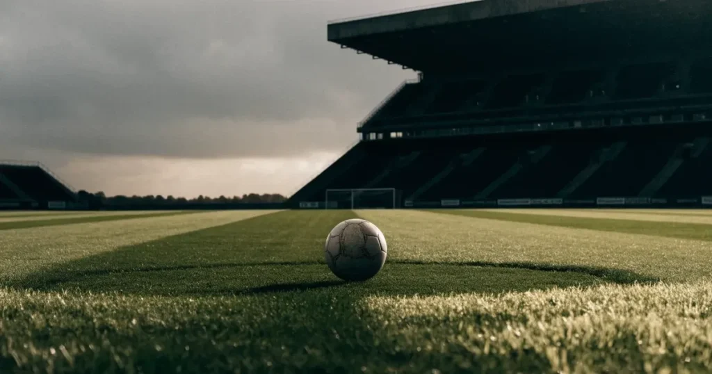 Ein Fussball liegt auf dem Anstosspunkt eines frisch gemähten Rasens, dahinter eine grosse Tribüne unter bewölktem Himmel