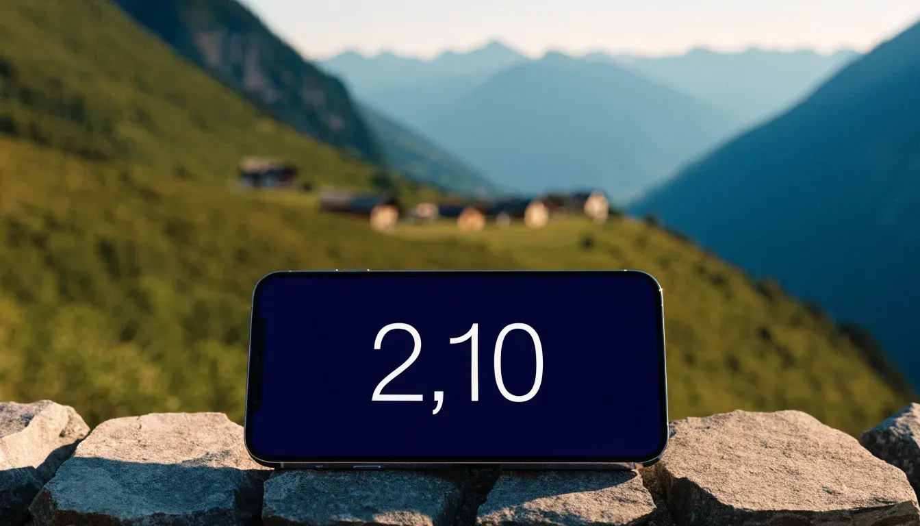 Ein Smartphone mit dunklem Display liegt auf einer Steinmauer, dahinter ein Alpental im Abendlicht