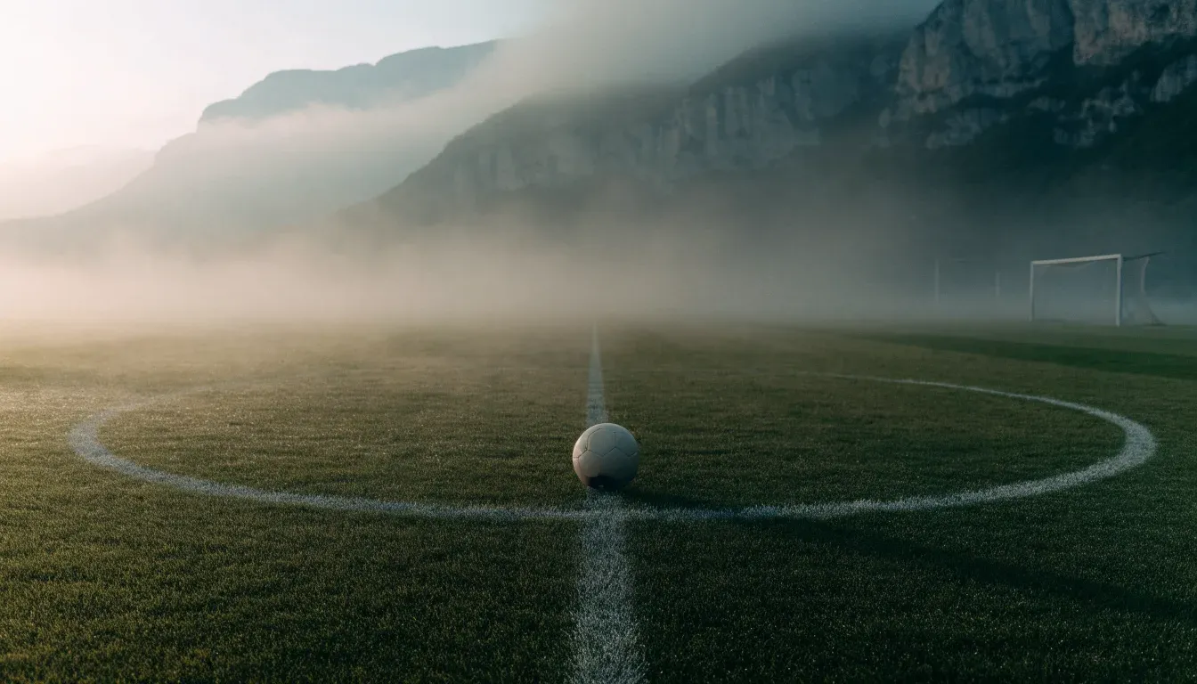 Ein einzelner Fussball auf dem Mittelpunkt eines leeren Rasens im Morgennebel, hinter dem Tor ragen Berge auf