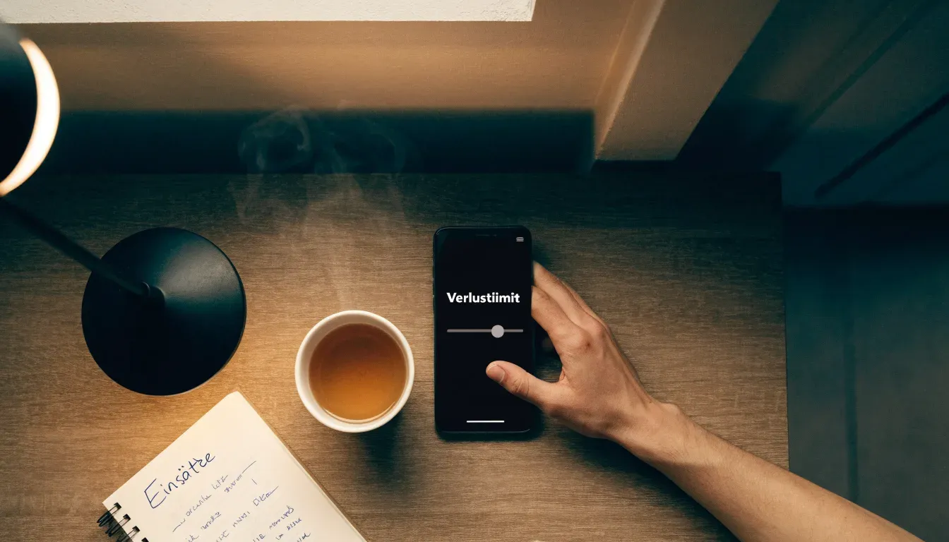 Ein Notizbuch mit handschriftlichen Einträgen und eine Tasse Tee stehen auf einem Tisch neben einer Stehlampe