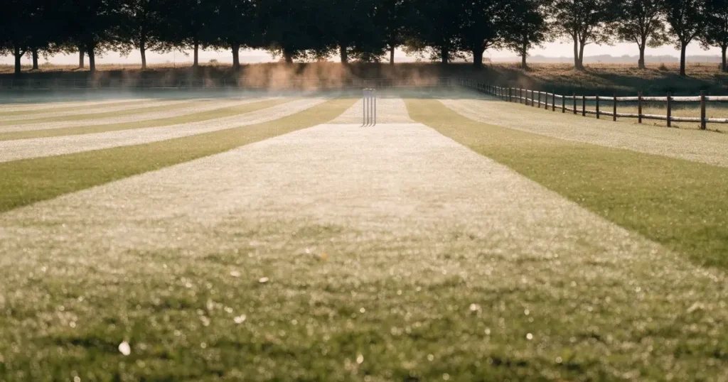 Ein ovales Cricketfeld mit gemähtem Rasen und hellem Mittelstreifen am frühen Morgen, Nebel zwischen den Bäumen am Rand