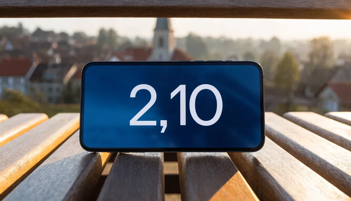 Ein Smartphone mit dunklem Display liegt auf einer Parkbank, dahinter ein Schweizer Dorf mit Kirchturm im Dunst