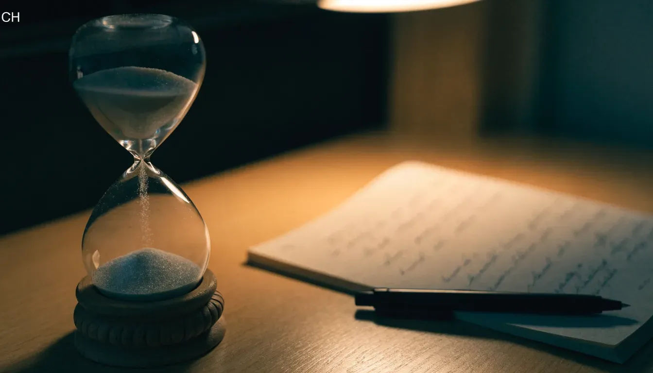 Eine Sanduhr steht auf einem Schreibtisch neben einem Notizbuch mit handschriftlichen Einträgen im Licht einer Lampe