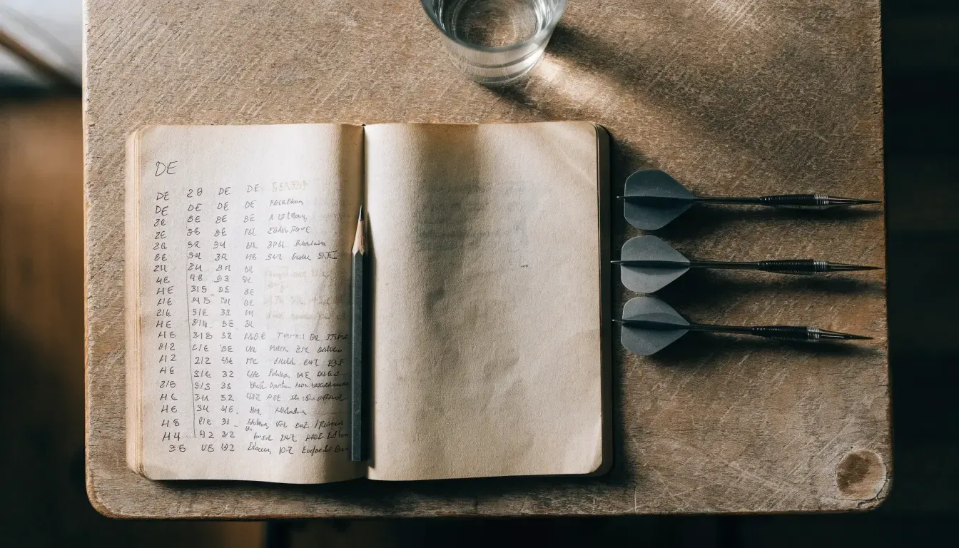 Drei Dartpfeile liegen auf einer Holzfläche neben einem Notizblock mit handschriftlichen Zahlen und einem Glas Wasser