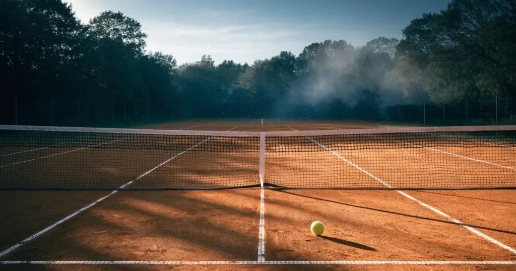 Ein Tennisplatz aus Sand bei Sonnenaufgang mit gespanntem Netz, Nebel zwischen den Bäumen am Rand