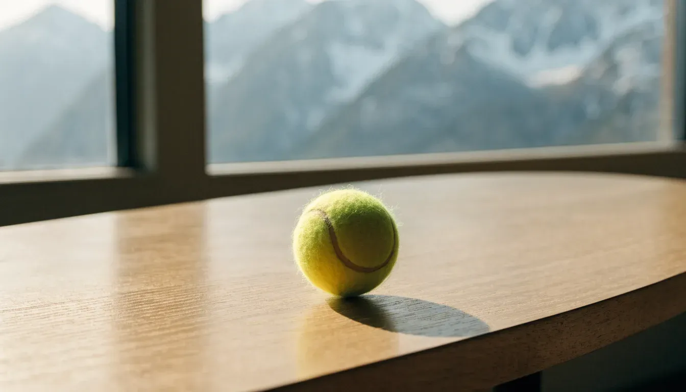 Ein einzelner gelber Tennisball liegt auf einem Holztisch vor einem Fenster mit Alpenblick
