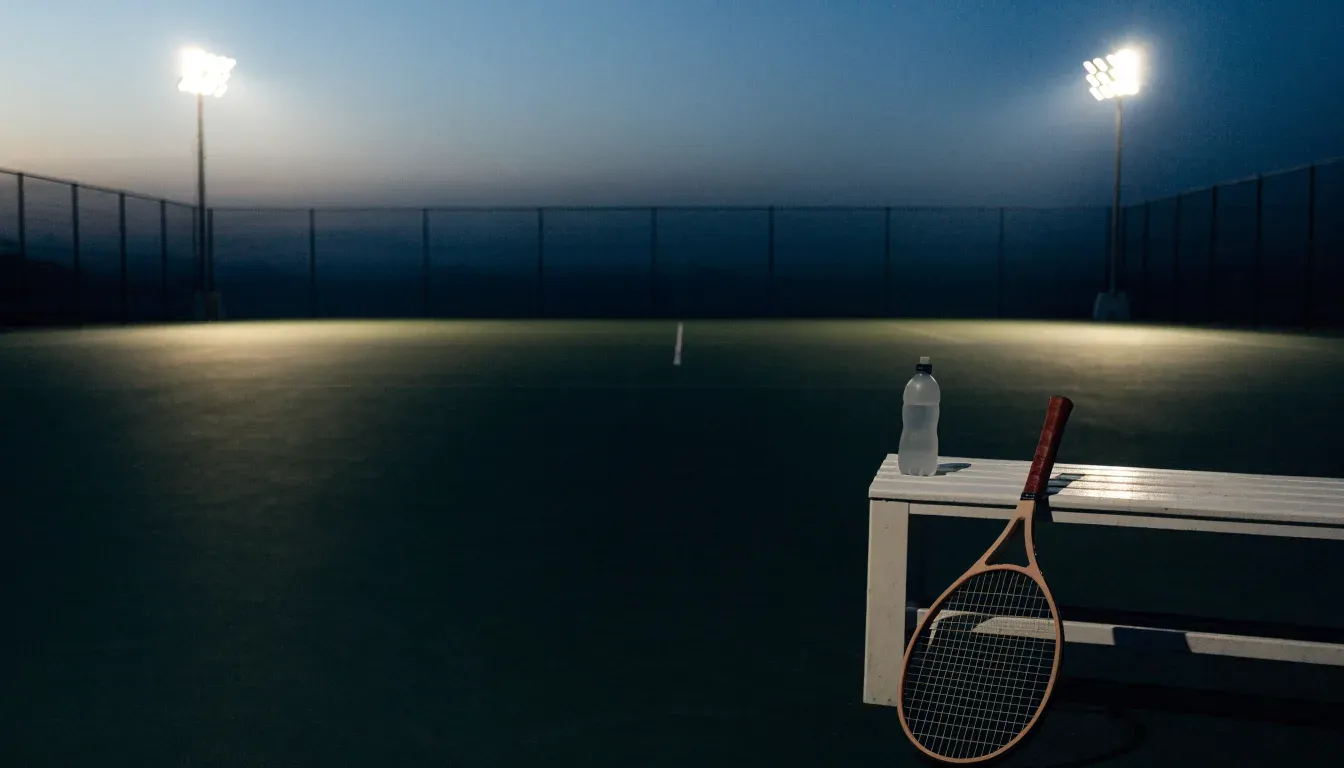 Ein Tennisschläger lehnt an einer Bank neben einer Wasserflasche, am Abend ruht der Platz im Flutlicht, aus der Ferne gesehen