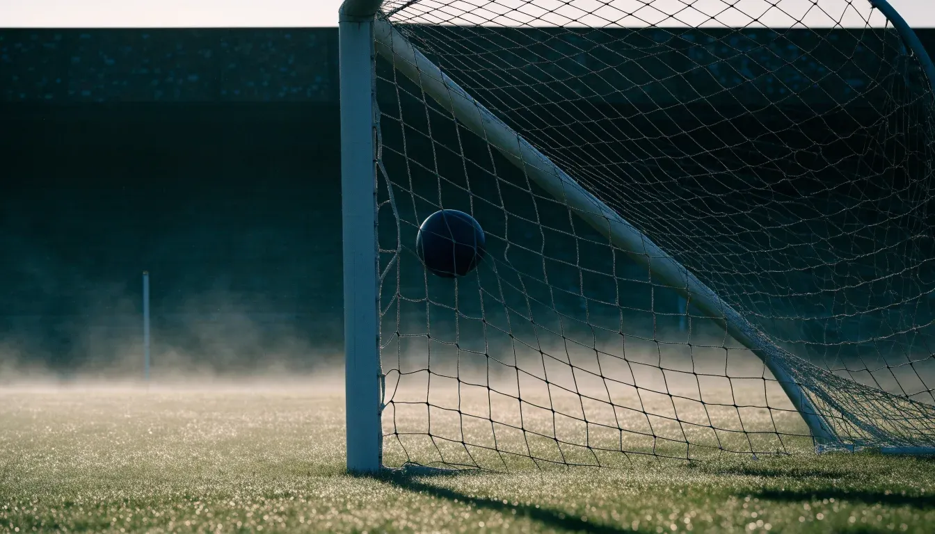 Ein Fussball liegt im Netz hinter einem Tor, weicher Morgennebel hängt über dem Rasen