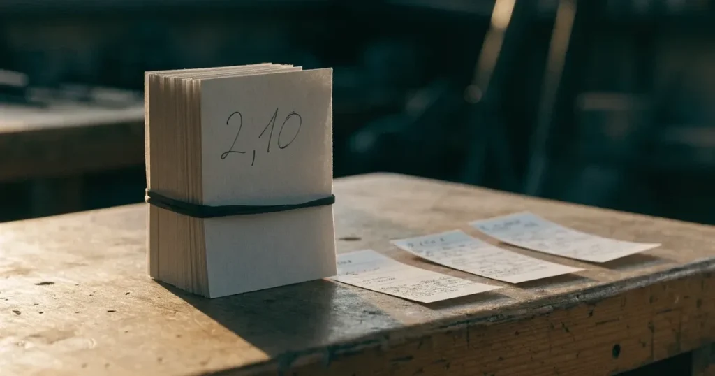 Ein Stapel unbeschriebener Papierzettel mit einem Gummiband liegt auf einer Werkbank im Seitenlicht