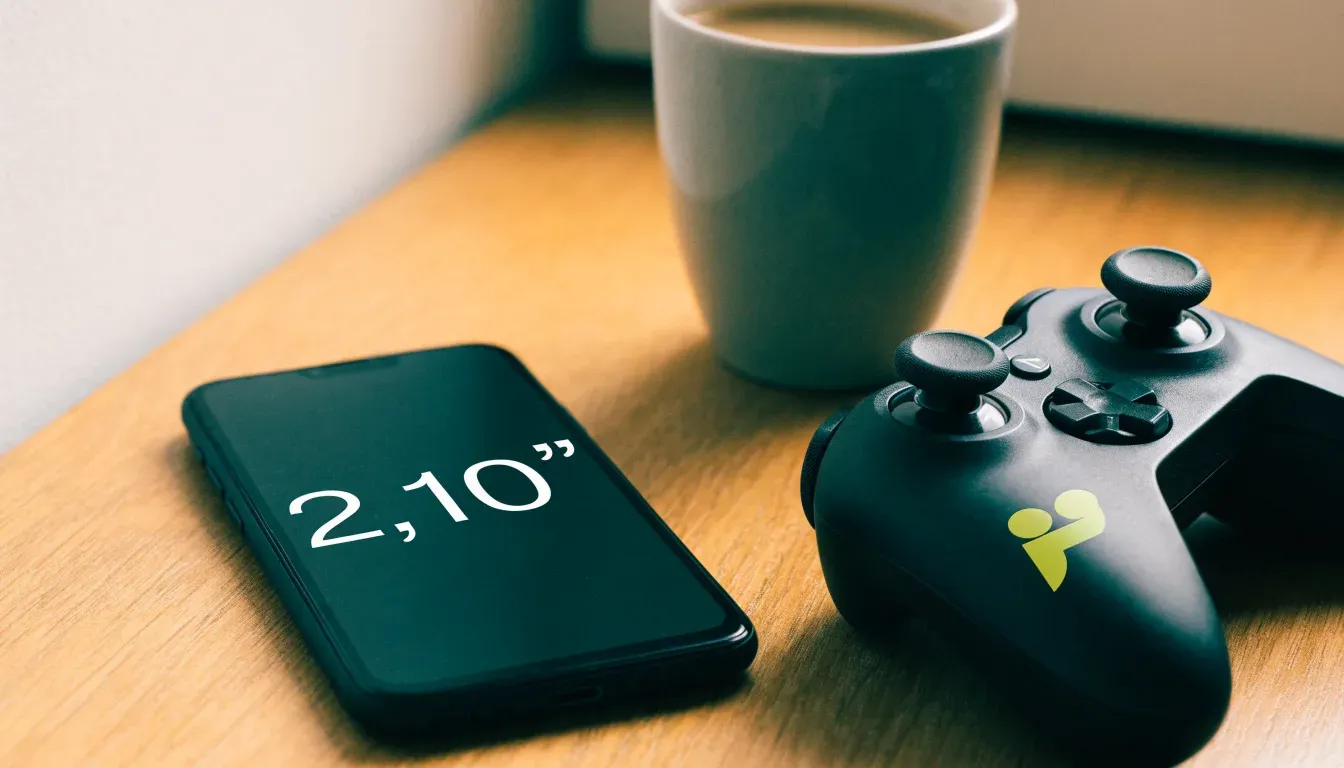 Ein Spielcontroller liegt auf einem Teppich neben einer Tasse, im Hintergrund ein Regal mit Büchern