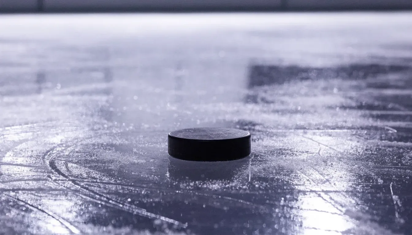 Ein Eishockeypuck liegt auf einer Eisfläche mit Kratzspuren, Nahaufnahme mit kühlen Reflexen