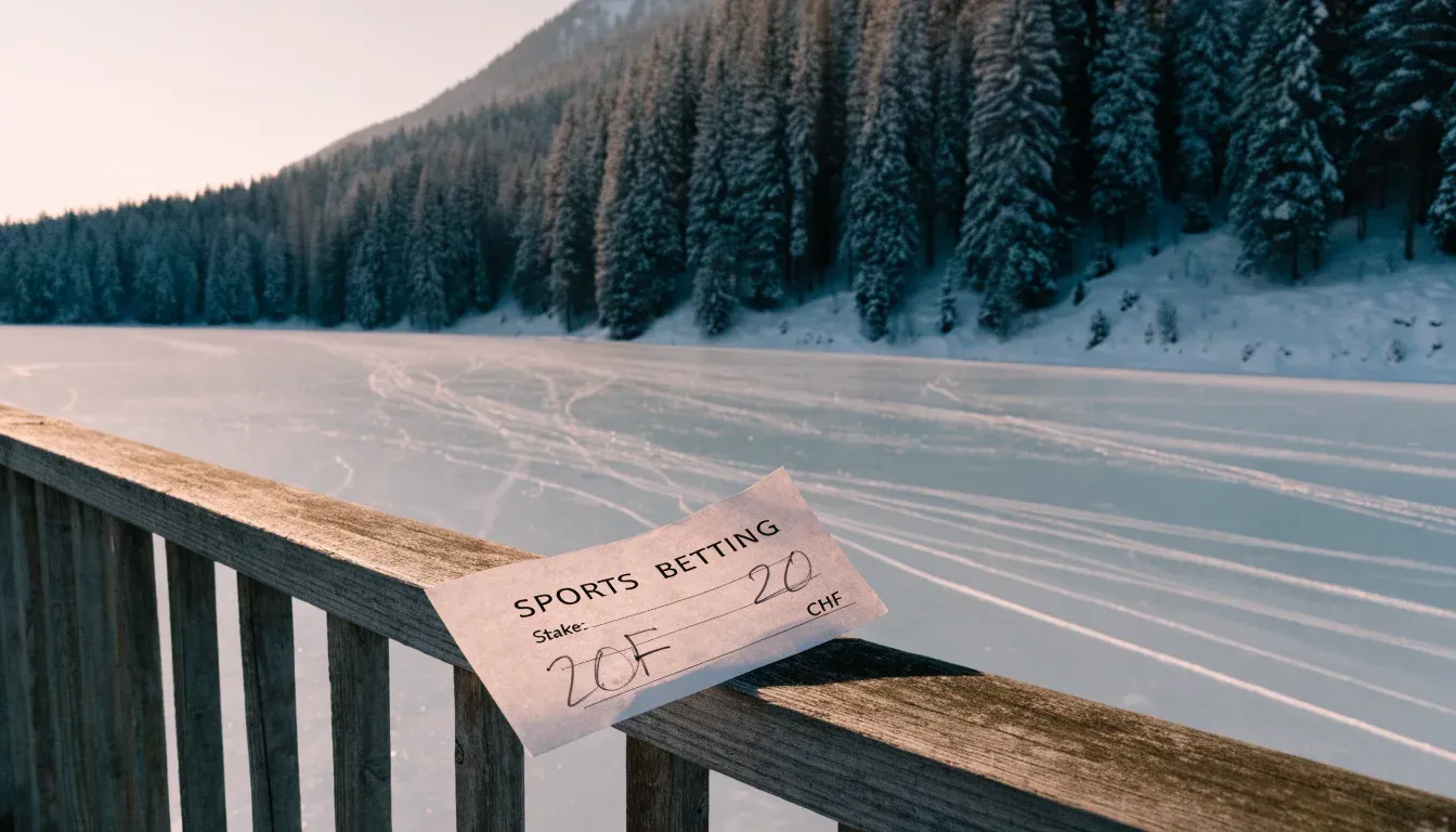Ein zugefrorener Bergsee mit Spuren von Schlittschuhen am Morgen, dahinter ein verschneiter Wald