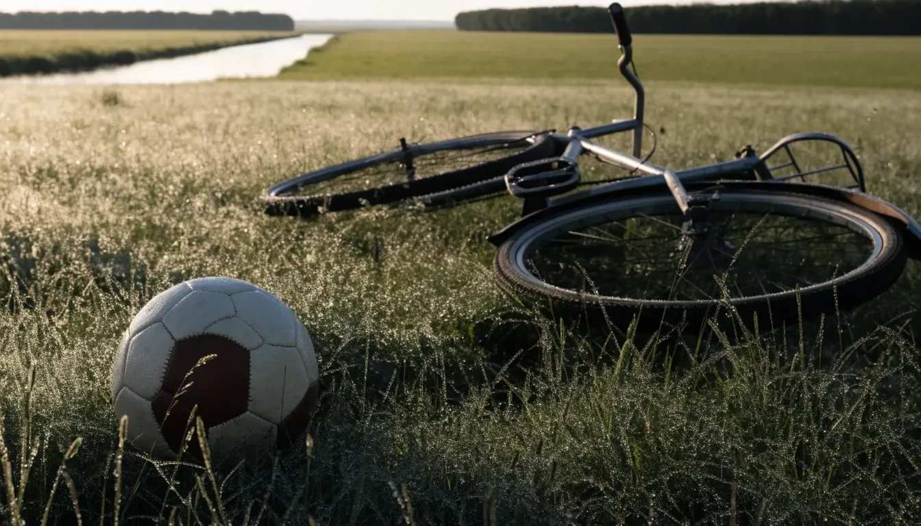 Ein Fussball liegt auf einer Wiese neben einem Fahrrad, im Hintergrund ein Kanal im Morgenlicht