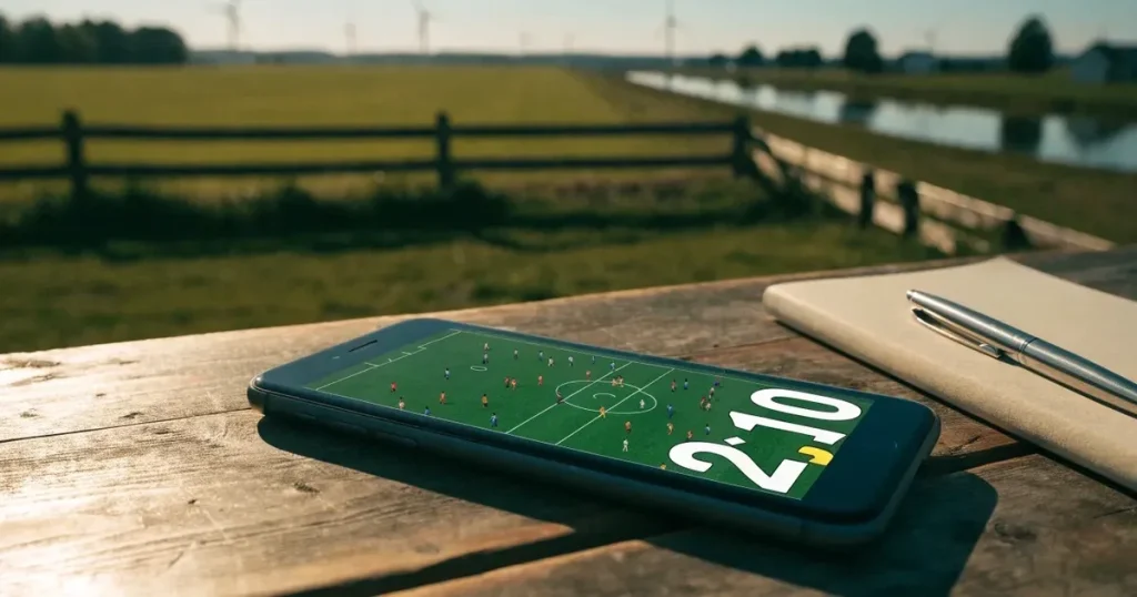Ein Fussballplatz neben einem Kanal in flachem Land mit Windrädern am Horizont, Abendlicht liegt über dem Rasen