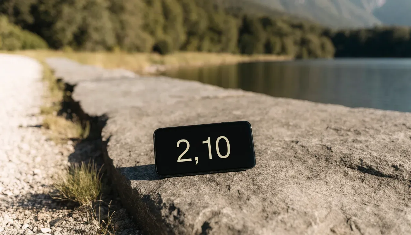Ein schmaler Wanderweg führt am Seeufer entlang, auf einem Stein liegt ein Smartphone mit dunklem Display