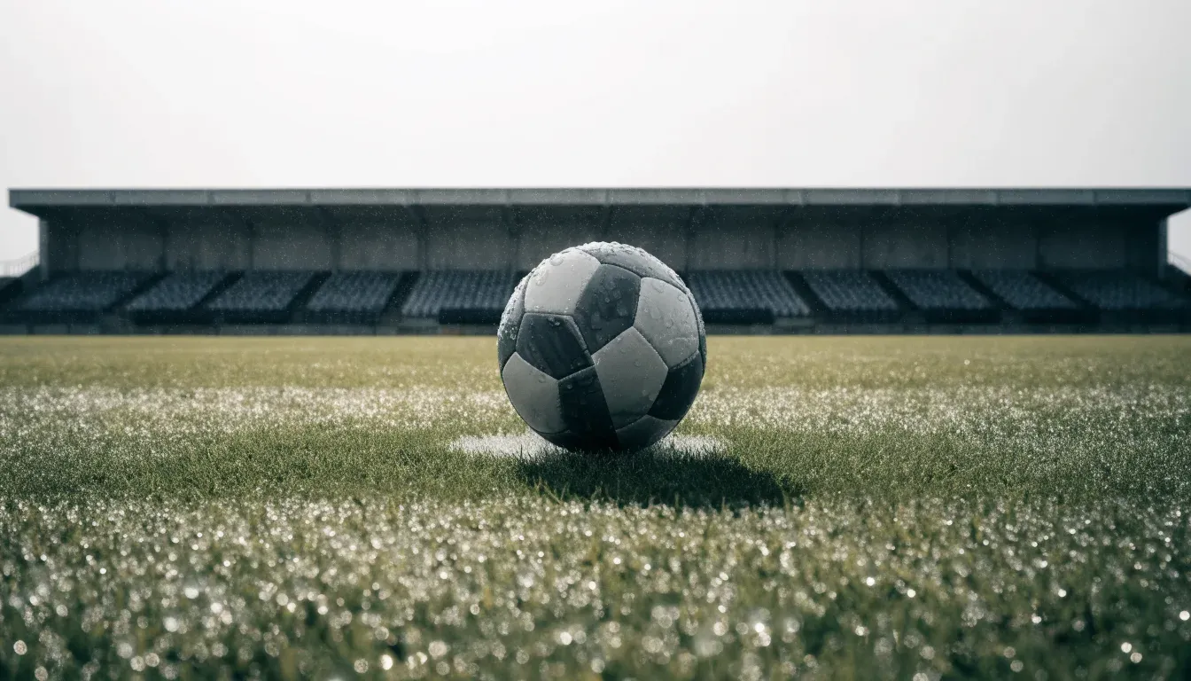 Ein Fussball liegt auf dem Anstosspunkt eines nassen Rasens, dahinter eine leere Tribüne unter grauem Himmel.