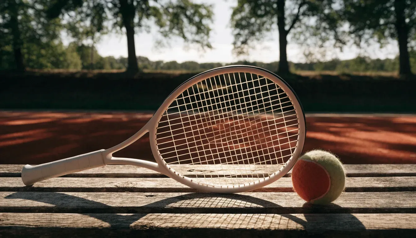 Ein Tennisball und ein Schläger ruhen auf einer Holzbank am Spielfeldrand, im Hintergrund hohe Bäume im Sommerlicht.