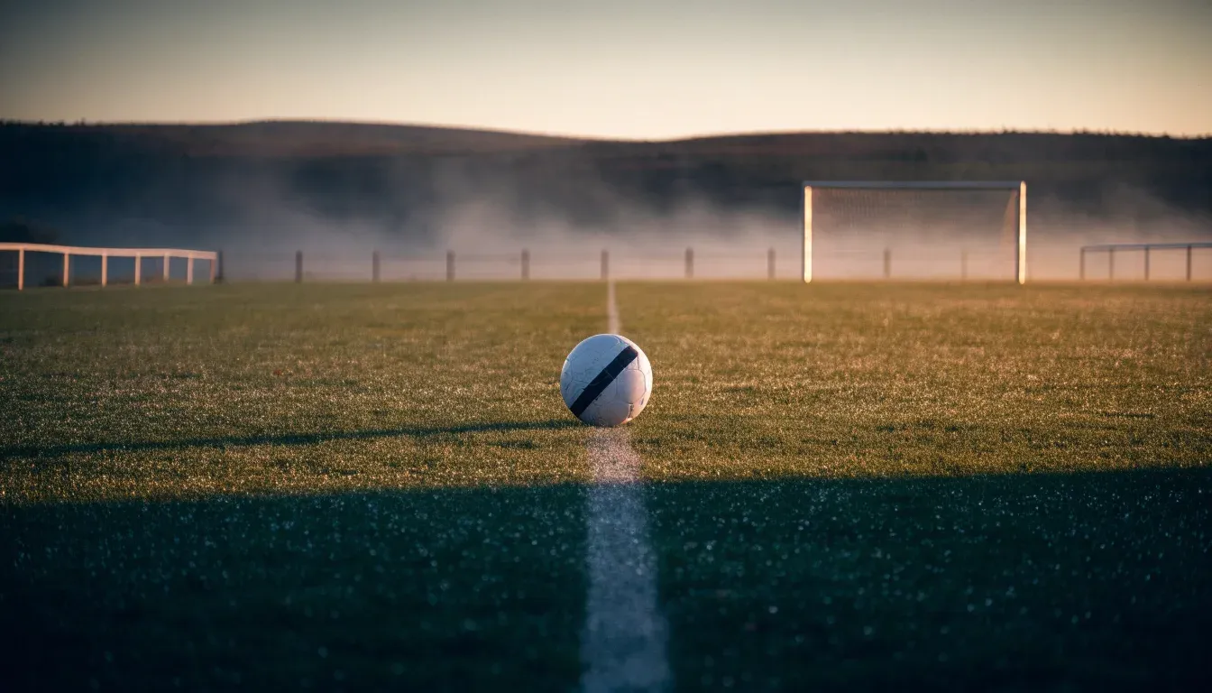 Ein Fussball liegt im Tau auf der Mittellinie eines Dorfplatzes bei Sonnenaufgang, der Rasen glitzert.