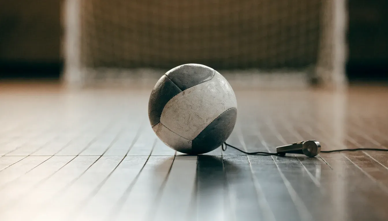 Ein kleiner, schwerer Ball liegt auf glattem Hallenparkett neben einer Trillerpfeife an einer Schnur.