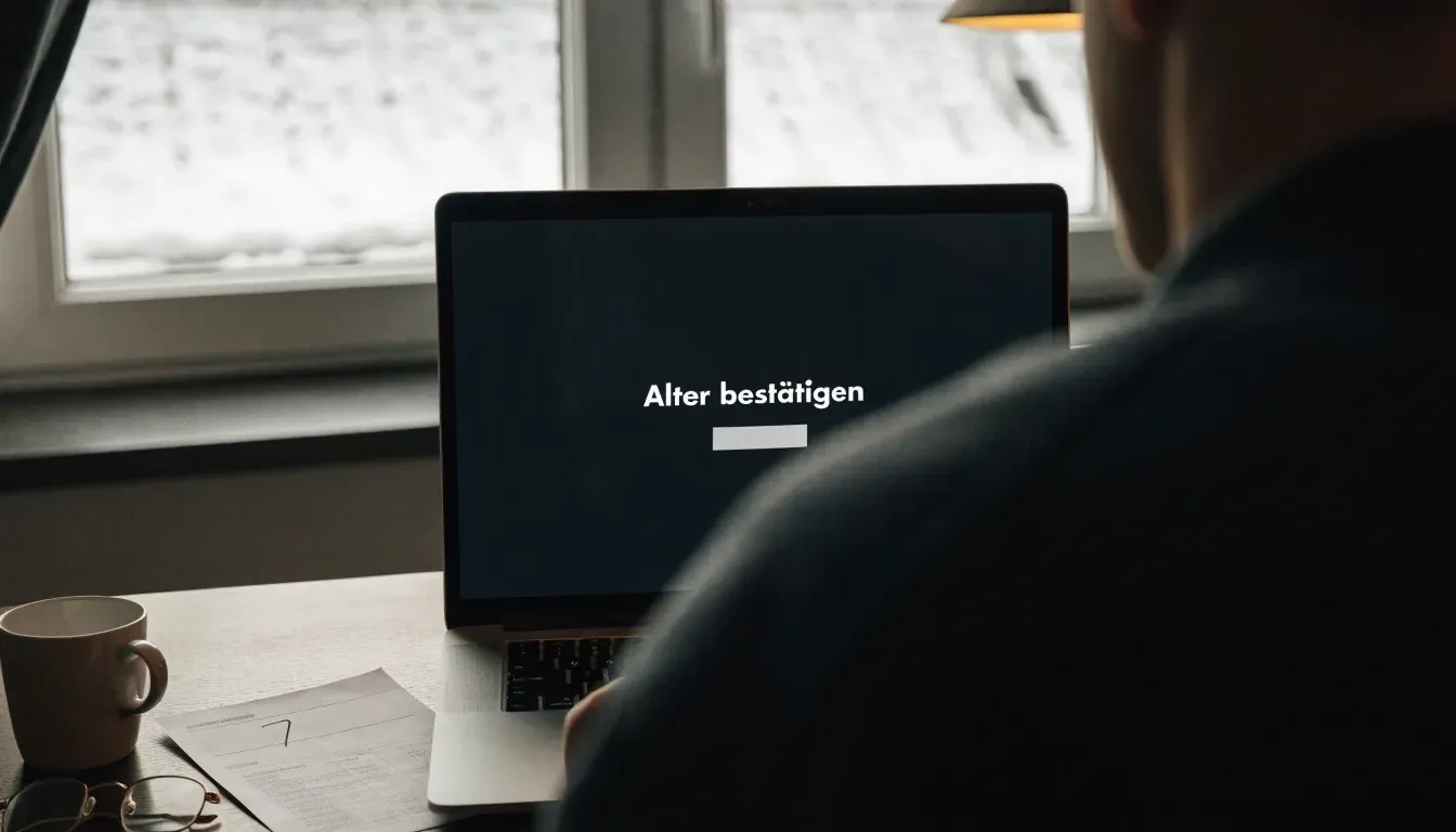 Eine Kaffeetasse und eine Brille stehen auf einem Fensterbrett, draussen fällt Schnee auf ein Dach.