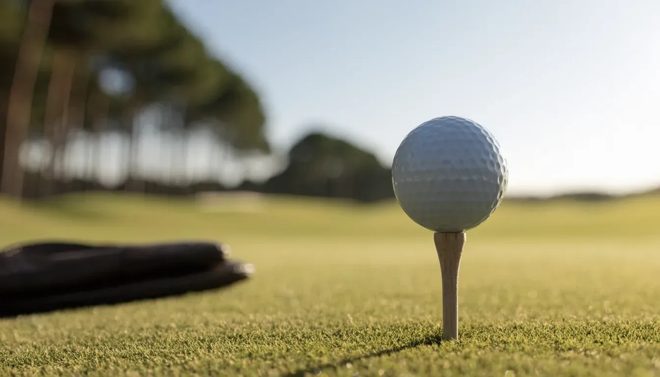 Ein Golfball liegt auf einem Holztee im Gras, scharf im Vordergrund, dahinter verschwimmt eine weite Wiese.