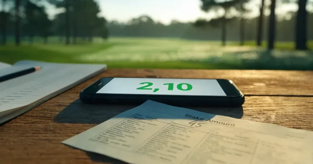 Ein weites Fairway zieht sich im Dunst des frühen Morgens zwischen Föhren hin, Tau liegt auf dem kurzen Gras.