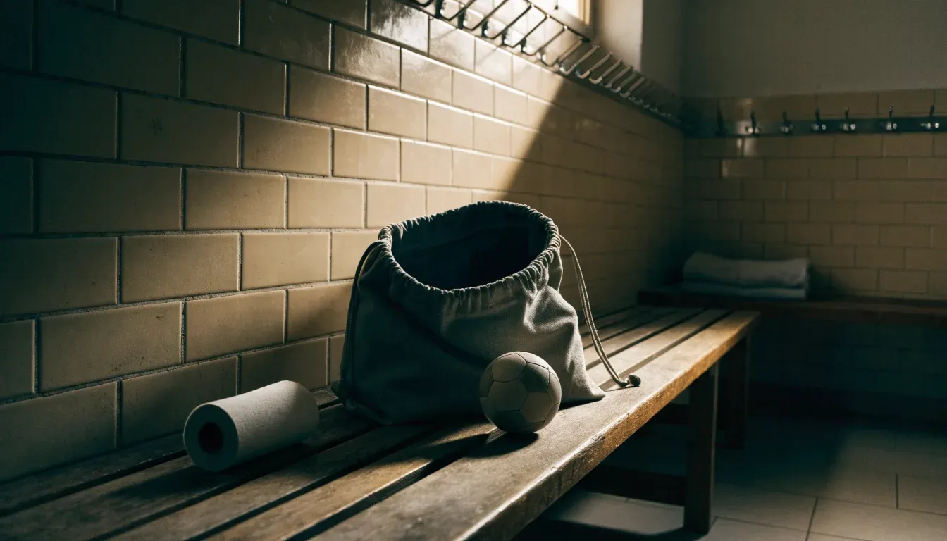 Eine Stofftasche mit Klebeband und zwei Handbällen steht auf einer Bank in einer Umkleide, Licht fällt durch ein kleines Fenster.